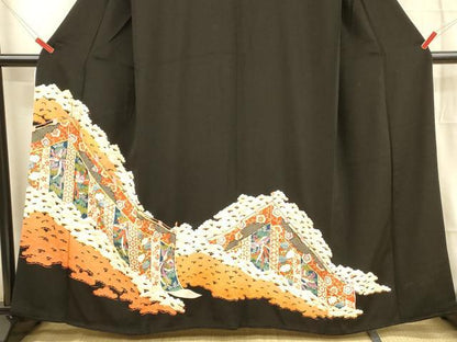 平和屋着物■豪華黒留袖 駒刺繍 鳳凰花文 金彩 正絹 逸品 DABB3899cm
