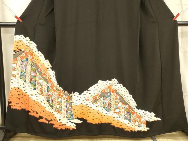 平和屋着物■豪華黒留袖 駒刺繍 鳳凰花文 金彩 正絹 逸品 DABB3899cm
