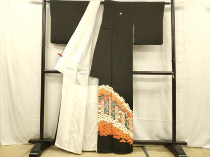 平和屋着物■豪華黒留袖 駒刺繍 鳳凰花文 金彩 正絹 逸品 DABB3899cm