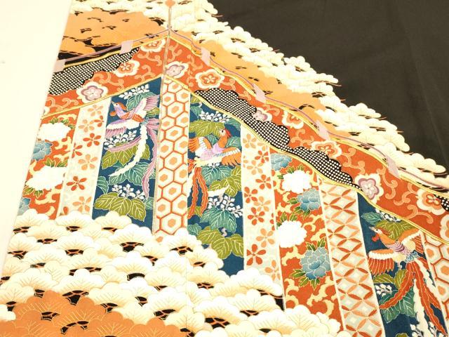 平和屋着物■豪華黒留袖 駒刺繍 鳳凰花文 金彩 正絹 逸品 DABB3899cm