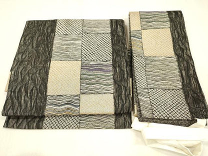 平和屋着物▽つけ帯 スリーシーズン 春夏秋 横段鹿の子文 黒地 金銀糸 正絹 逸品 DABB3955cm