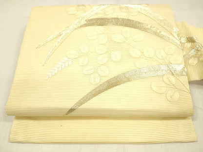 平和屋着物＊夏物 九寸名古屋帯 駒刺繍 総刺繍 草葉文 正絹 逸品 DABB3964cm