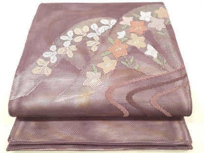 平和屋着物＊夏物 六通柄 本袋帯 流水草花文 金銀糸 正絹 逸品 DABB3968cm