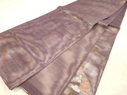平和屋着物＊夏物 六通柄 本袋帯 流水草花文 金銀糸 正絹 逸品 DABB3968cm