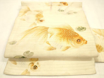 平和屋着物＊夏物 アンティーク 大正ロマン 九寸名古屋帯 手描き 手刺繍 金魚 正絹 逸品 DABB3972cm