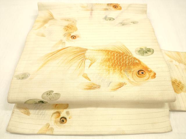 平和屋着物＊夏物 アンティーク 大正ロマン 九寸名古屋帯 手描き 手刺繍 金魚 正絹 逸品 DABB3972cm