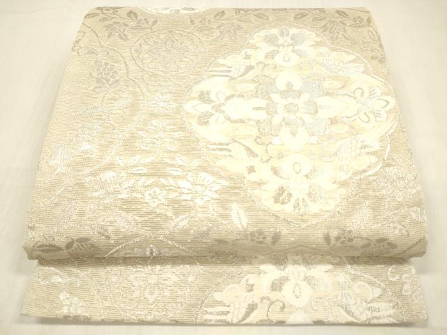 平和屋着物＊夏物 六通柄袋帯 花鳥文 銀糸 正絹 逸品 DABB3978cm