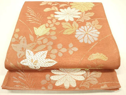 平和屋着物＊夏物 六通柄袋帯 草花文 金銀糸 正絹 逸品 DABB3982cm