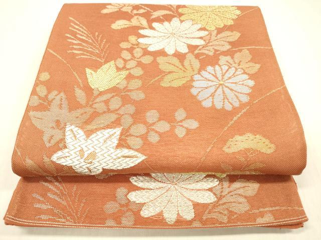 平和屋着物＊夏物 六通柄袋帯 草花文 金銀糸 正絹 逸品 DABB3982cm