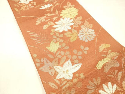 平和屋着物＊夏物 六通柄袋帯 草花文 金銀糸 正絹 逸品 DABB3982cm
