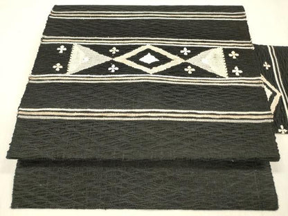 平和屋着物＊夏物 八寸名古屋帯 櫛織 横段文 黒地 正絹 逸品 DABB3985cm