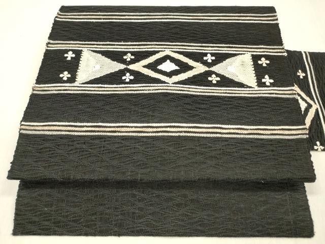 平和屋着物＊夏物 八寸名古屋帯 櫛織 横段文 黒地 正絹 逸品 DABB3985cm