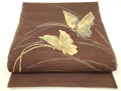 平和屋着物＊夏物 八寸名古屋帯 舞蝶草葉文 金糸 正絹 逸品 DABB3990cm