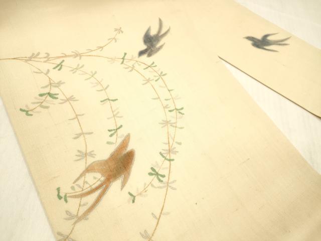 平和屋着物＊夏物 九寸名古屋帯 結城紬 柳につばめ 銀彩 証紙付き 正絹 逸品 DABB3993cm