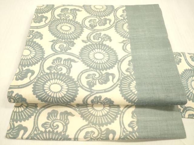 平和屋着物＊夏物 九寸名古屋帯 作家物 伊勢型染 花唐草文 麻 逸品 DABB3996cm