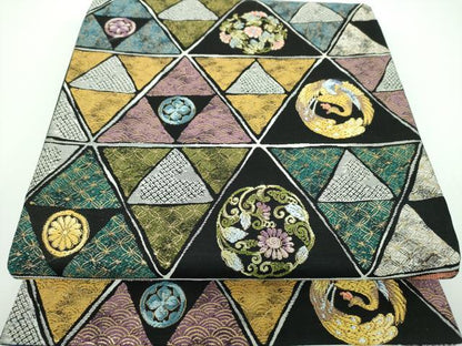 平和屋着物●両面　六通柄袋帯　唐織　鱗鳳凰花丸文　黒地　金糸　正絹　逸品　DABB4010ps