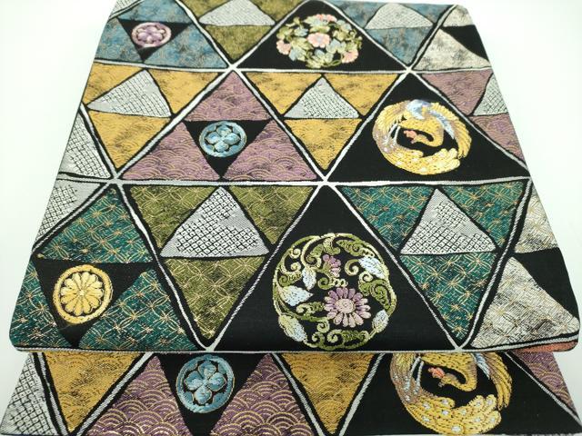 平和屋着物●両面　六通柄袋帯　唐織　鱗鳳凰花丸文　黒地　金糸　正絹　逸品　DABB4010ps