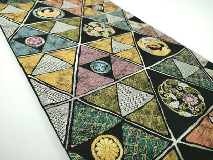 平和屋着物●両面　六通柄袋帯　唐織　鱗鳳凰花丸文　黒地　金糸　正絹　逸品　DABB4010ps