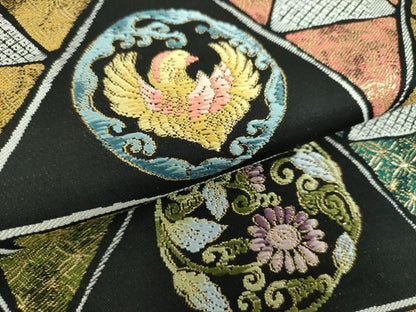 平和屋着物●両面　六通柄袋帯　唐織　鱗鳳凰花丸文　黒地　金糸　正絹　逸品　DABB4010ps