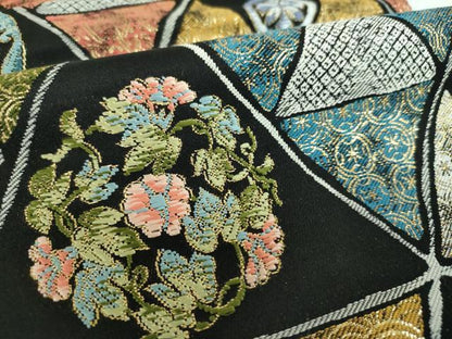 平和屋着物●両面　六通柄袋帯　唐織　鱗鳳凰花丸文　黒地　金糸　正絹　逸品　DABB4010ps