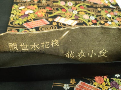 平和屋着物●六通柄袋帯　唐織　能衣小紋　観世水花筏　黒地　金糸　正絹　逸品　DABB4014ps