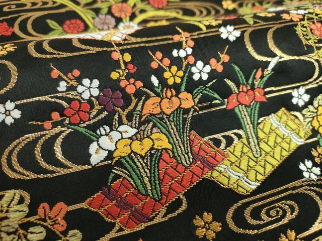 平和屋着物●六通柄袋帯　唐織　能衣小紋　観世水花筏　黒地　金糸　正絹　逸品　DABB4014ps