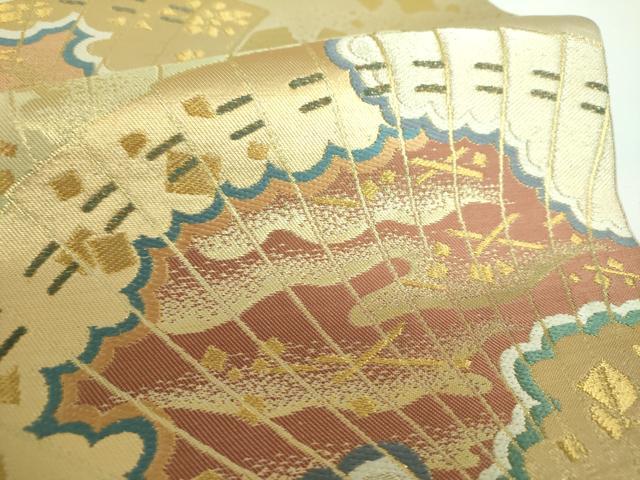 平和屋着物●西陣　川島織物　六通柄　本袋帯　唐織　檜扇　箔散らし　金銀糸　正絹　逸品　DABB4035ps
