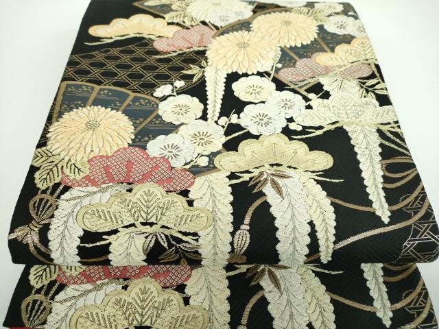 平和屋着物●現代アンティーク　貝島はるみ　綺麗伝説　六通柄袋帯　唐織　扇面吉祥花文　黒地　金糸　正絹　逸品　DABB4038ps