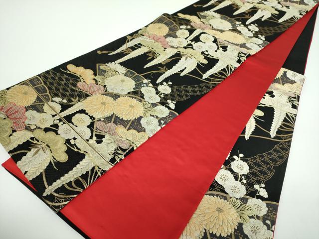 平和屋着物●現代アンティーク　貝島はるみ　綺麗伝説　六通柄袋帯　唐織　扇面吉祥花文　黒地　金糸　正絹　逸品　DABB4038ps