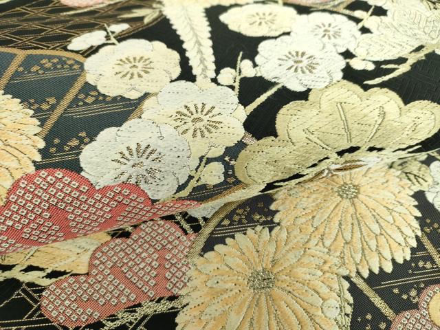 平和屋着物●現代アンティーク　貝島はるみ　綺麗伝説　六通柄袋帯　唐織　扇面吉祥花文　黒地　金糸　正絹　逸品　DABB4038ps