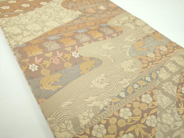 平和屋着物○両面 六通柄袋帯 紹巴 名物裂 花兎 荒磯 笹