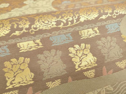 平和屋着物●両面　六通柄袋帯　紹巴　名物裂　花兎　荒磯　笹蔓緞子　金糸　正絹　逸品　DABB4060ps