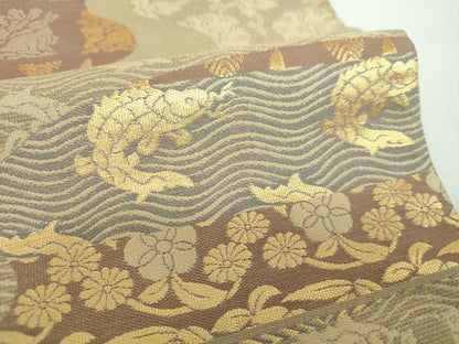 平和屋着物●両面　六通柄袋帯　紹巴　名物裂　花兎　荒磯　笹蔓緞子　金糸　正絹　逸品　DABB4060ps