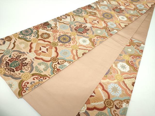 511my34◇本金箔 緑茶染 鳥襷 唐織七宝 菊花菱 金糸 銀糸 六通 袋帯◇ 511my34◇本金箔 緑茶染 鳥襷 唐織七宝 菊花菱 金糸 銀糸 六通