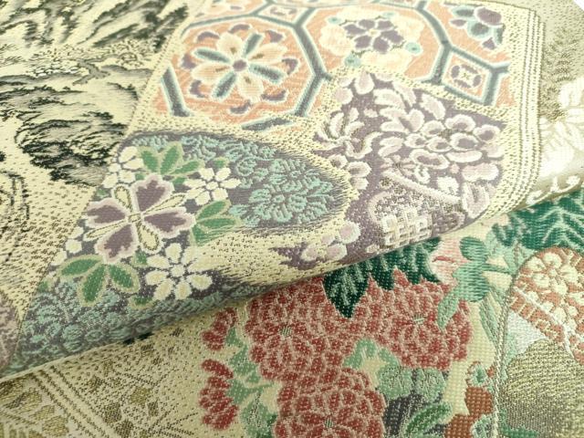 平和屋着物○全通柄袋帯 唐織 冊子風景花文 金糸 正絹 逸品