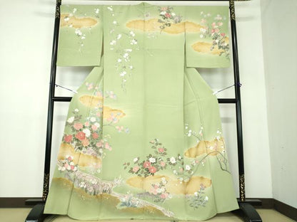 平和屋着物●訪問着　駒刺繍　雲取り花文　暈し染め　金彩　正絹　逸品　DABB4139ps