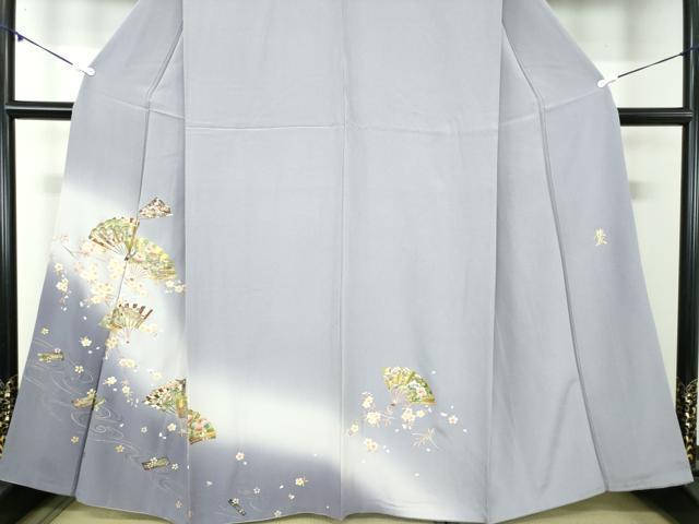 平和屋着物●金彩友禅作家　木村桂友　訪問着　枝垂れ桜　花筏　舞扇花文　金銀彩　さが美扱い　正絹　逸品　DABB4145ps 平和屋着物○金彩友禅作家 木村桂友 訪問着 枝垂れ桜 花筏 舞扇