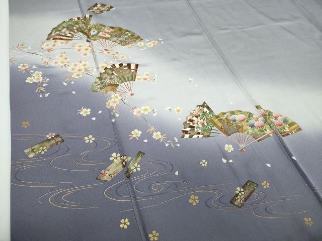 平和屋着物●金彩友禅作家　木村桂友　訪問着　枝垂れ桜　花筏　舞扇花文　金銀彩　さが美扱い　正絹　逸品　DABB4145ps 平和屋着物○金彩友禅作家 木村桂友 訪問着 枝垂れ桜 花筏 舞扇