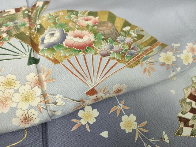 平和屋着物●金彩友禅作家　木村桂友　訪問着　枝垂れ桜　花筏　舞扇花文　金銀彩　さが美扱い　正絹　逸品　DABB4145ps 平和屋着物○金彩友禅作家 木村桂友 訪問着 枝垂れ桜 花筏 舞扇