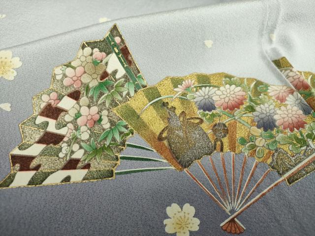 平和屋着物●金彩友禅作家　木村桂友　訪問着　枝垂れ桜　花筏　舞扇花文　金銀彩　さが美扱い　正絹　逸品　DABB4145ps 平和屋着物○金彩友禅作家 木村桂友 訪問着 枝垂れ桜 花筏 舞扇