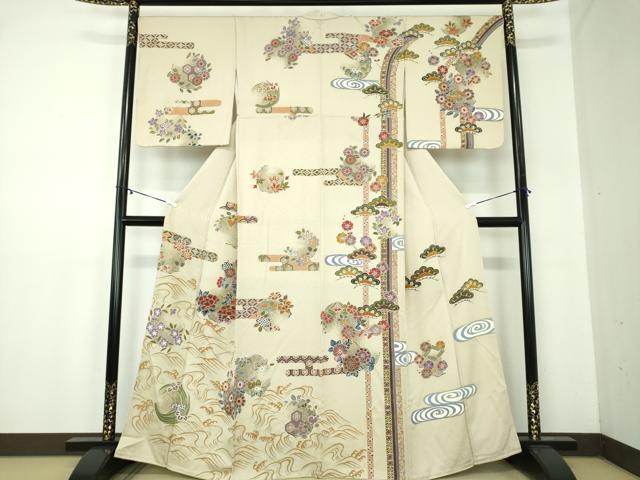平和屋着物●訪問着　駒刺繍　立波吉祥花文　金彩　正絹　逸品　DABB4154ps 平和屋着物○訪問着 駒刺繍 立波吉祥花文 金彩 正絹 逸品 DABB4154ps