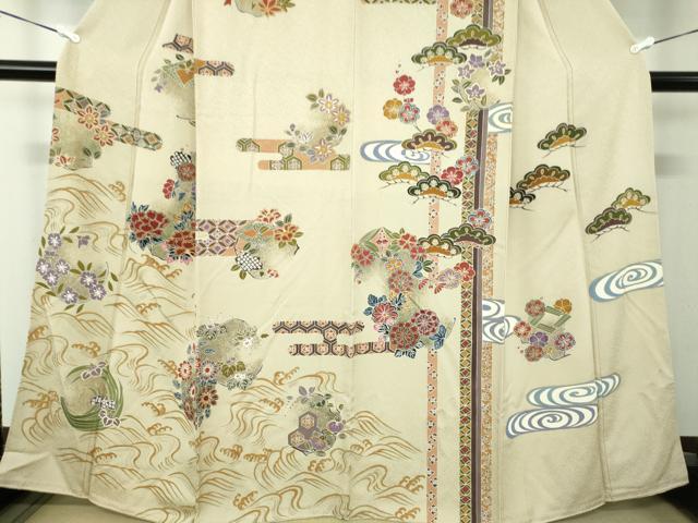 平和屋着物●訪問着　駒刺繍　立波吉祥花文　金彩　正絹　逸品　DABB4154ps 平和屋着物○訪問着 駒刺繍 立波吉祥花文 金彩 正絹 逸品 DABB4154ps