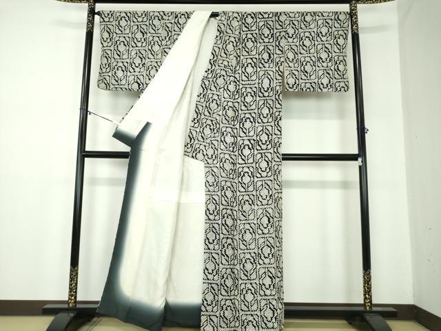 平和屋着物●上質な小紋 総絞り 格子花文 黒地 正絹 逸品 DABB4157ps
