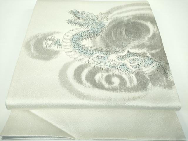 平和屋着物●両面 太鼓柄袋帯 作家物 手描き 五爪龍 銀通し地 正絹 逸品 DABB4164ps