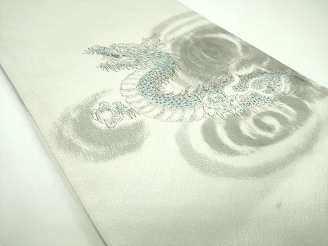 平和屋着物●両面 太鼓柄袋帯 作家物 手描き 五爪龍 銀通し地 正絹 逸品 DABB4164ps