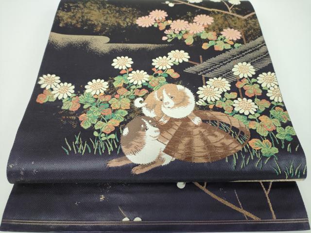 平和屋着物●六通柄袋帯 唐織 四季花犬図 金糸 正絹 逸品 DABB4182ps