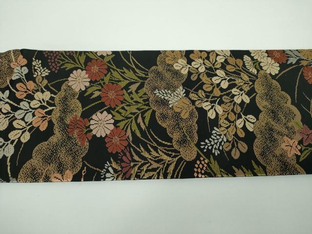 平和屋着物●九寸名古屋帯 雲取り秋草文 黒地 金糸 正絹 逸品 DABB4197ps