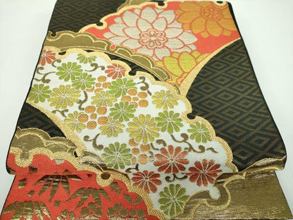 平和屋着物●西陣 川島織物 六通柄 本袋帯 雪芝花文 黒地 金糸 正絹 逸品 DABB4217ps