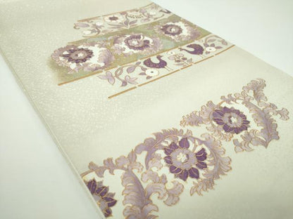 平和屋着物●太鼓柄袋帯 刺繍 貝紫 更紗花鳥文 金銀彩 金通し地 正絹 逸品 DABB4223ps