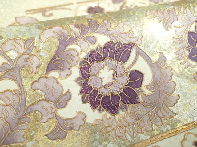 平和屋着物●太鼓柄袋帯 刺繍 貝紫 更紗花鳥文 金銀彩 金通し地 正絹 逸品 DABB4223ps